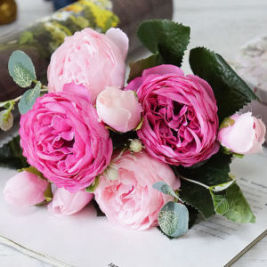Rose Pink Silk Bouquet Peony Artificial Flowers Big Heads Small Bud Bride Wedding Home Decoration Fake Flowers