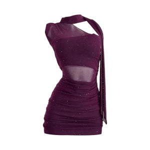 เดรสไหล่เดี่ยว สีม่วง มีซับใน ผ้าตาข่ายกลิตเตอร์ วิบวับ สม็อคยางยืดข้างลำตัว เข้ารูป ชายผ้ายาวพันคอผูกโบว์ได้ Dress ชุดเที่ยวกลางคืน #8101