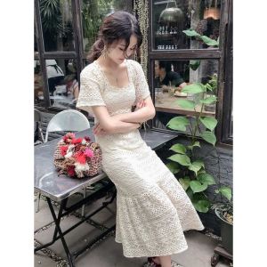 ELF TRIBE French Square Neck Marmalade Dress Corset Hollow Lace Midi Dresses for Women