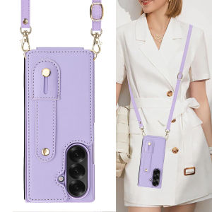 Leather Wallet Buckle Magsafe Clasp Closure Case for Samsung Galaxy Z Fold 7 Z Fold 6 Z Fold 5 Z Fold 4 Case Credit Card Holder Wristband Bracket Kickstand Crossbody Strap Adjustable & Removable Lanyard Case