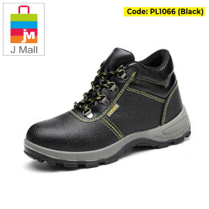 J MALL SAFETY SHOES Medium-Cut Leather Boots Anti-smashing Anti-Piercing Work Protective Shoes Steel Toe Cap - PL1066 (Black)