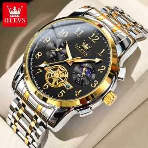OLEVS watch men original waterproof luxury fashion leisure multi-function sun and moon phase luminous quartz watch stainless steelel strap strap high hardness mirror gift for boyfriend