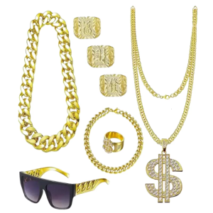 8Pcs Hip Hop Costume Kit Dollar Sign Pendant Necklace Hip Hop Dollar Rings Sunglasses Bracelets Set Rapper Accessories