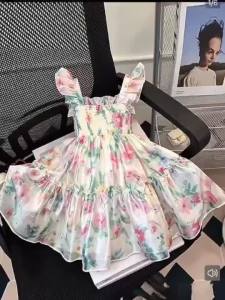 New floral print sundress fairy dress little girls flutter sleeve dress cute bow super adorable