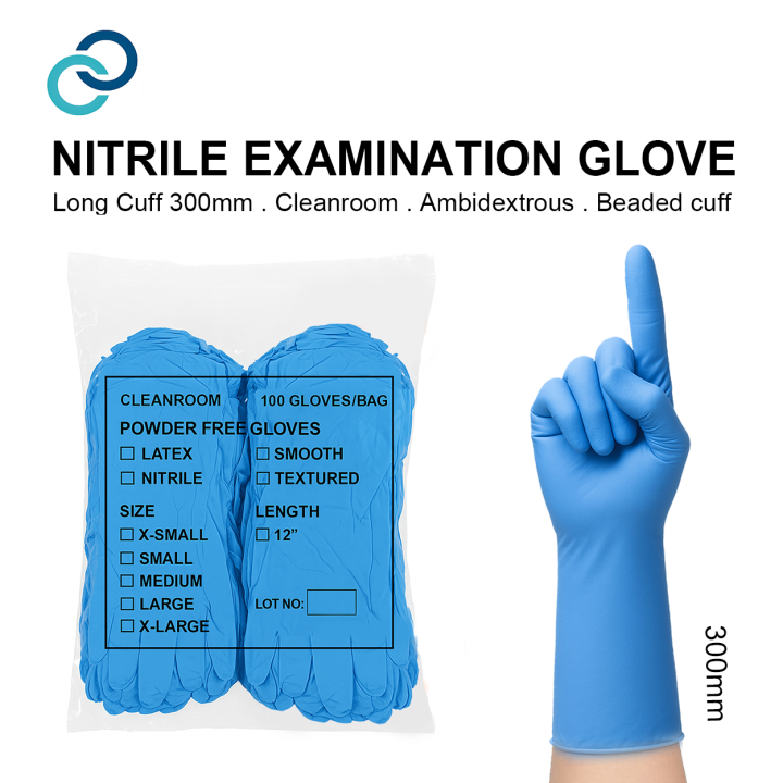 Long Cuff Powder Free Nitrile Glove Blue M10G) 100 Pcs/Bag