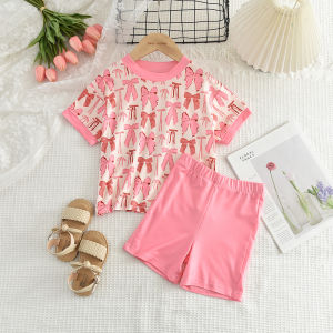 Bear Leader Sweet Cute Baby Girl Summer Clothes Set Full Print Bow Round Neck Short Sleeve T-shirt Top+Shorts Two Piece Suit Holiday Party Children Casual Wear 3-7 Year