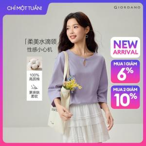 GIORDANO Women T-Shirts 100% Cotton Keyhole Crewneck Basic Tee 3/4 Sleeve Fashionable Casual Loose T-Shirts 13326602