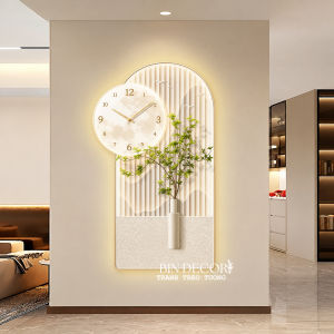 (ẢNH THẬT) Tranh đồng hồ đèn led bình lá tropical nghệ thuật hiện đại TDL68