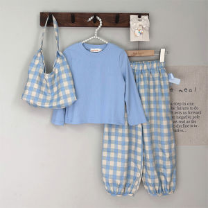 Bear Leader Korean Version Girls Clothes Long Sleeved Solid Color Basic Top+Plaid Print Pants+Bag 3 Pcs Set Kids Casual Wear