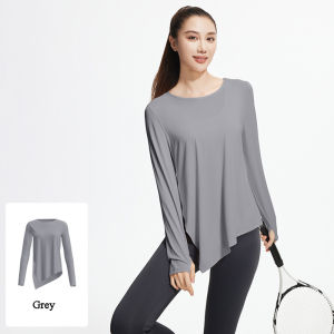 เสื้อเสื้อเชิ้ตผู้หญิงคอกลมสำหรับออกกำลังกายเสื้อผ้าโยคะหลวมกีฬาแขนยาวใส่ไปยิมสำหรับผู้หญิงมีรูด้วยนิ้วโป้ง