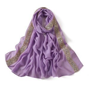 Jifang Women Embroidery Gold Sequins Plain Bubble Chiffon Shawl Pashmina Muslim Hijabs Shawls PW91