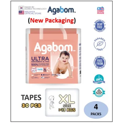 [4 Packs] Agabom Ergonomic Baby Comfy Diapers - Tape (NB/S/M/L/XL) / Pants (M/L/XL/XXL) / Agabom Baby Wipes