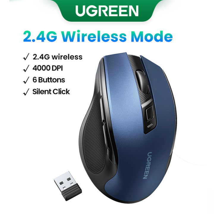 【2.4G】 UGREEN MU006 Chuột không dây Chuột công thái học 5 cấp độ 4000 DPI 6 nút, Chuột im lặng không dây 2,4G USB với bộ thu Nano, Chuột không dây cho máy tính xách tay, máy tính, PC, MacBook, Chromebook