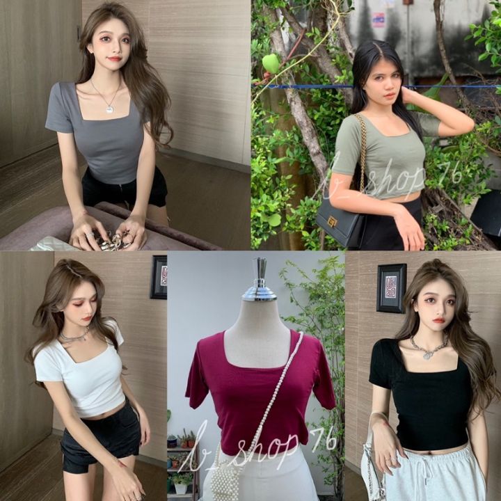 002👚เสื้อครอปเรย่อน คอเหลี่ยมราคาถูก สีสวยทุกตัวเลยน้า ️ ️👚👚 | Lazada.co.th