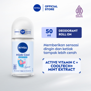 NIVEA Deodorant Roll On Brightening Hijab Cool 50ml - Deodoran wanita hijab halal mencerahkan brightening kulit ketiak tahan keringat bau badan sensasi dingin instant wangi segar tahan lama seharian - Antiperspiran Ekstrak Mint Halal