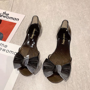 [Free Shipping] New WomenS Sandals With Floral Design Transparent Korean-Style Flat Fish-Mouth Beach Shoes Casual Vacation Bowknot Plastic Jelly Shoes