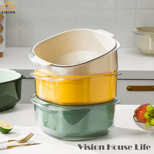 Vision Double Layer Vegetable Washing Basin Drain Basket Multi-Functional Detachable Drainage Basket Bowl Household Plastic Fruit Basket Kitchen Storage Strainer Leakage Filter Basket