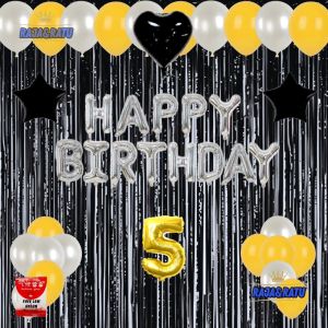 Paket Dekorasi Pesta Balon Happy Birthday Silver Set Dekor Ulang Tahun Tirai Hitam Simple