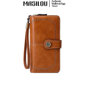 New Retro Long Purse Vintage Solid Color Oil Wax Hollowed Out Wallet Multifunction Large Capacity Mobile Phone Bag For Women
