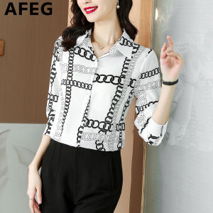 AFEG new Korean style shirt collar fashion loose all-match temperament printed chiffon long-sleeved blouse for women