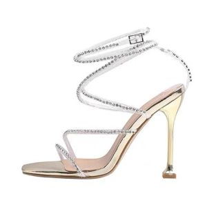 Free Shipping Nightclub Fish-Mouth Rhinestone Sandals WomenS Stiletto Heels With Straps Fashionable High Heels Trendy WomenS Mid-Heels With Straps