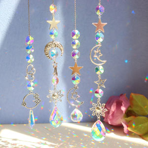 Crystal Wind Chime Ornament Star Moon Pendant Prism Light Catcher Rainbow Maker Window Hanging Windchime Home Garden Decor [Chinatera]