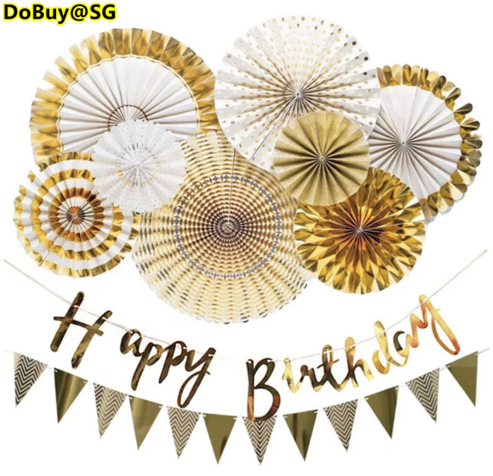 🔥SG LOCAL STOCK🔥Gold Rose Gold Paper Fan Hanging Decorations Set with Gold Silver Happy Birthday ...