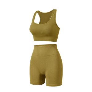 ANSINE 2 Pieces High Waist Short Workout Outfits Ribbed Seamless Crop Matching Active Set Casual Leggings Yoga Tank Sets Women