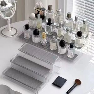 LIANG Adjustable Expandable Spice Rack Visible 3 Tier Countertop Display Shelf Clear Multi Functional Cabinet Storage Rack for Cosmetics