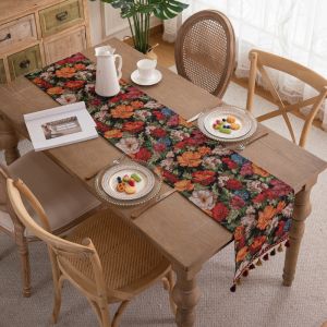 【SG】Luxury Thicken Table Runner with Retro Jacquard Tassels Embroidered for Living Festival Decoration