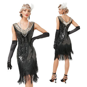 2023vintage 1920s flapper V-neck double tassel dress Great Gatsby cosplay tail party Ariel dance sequin stud dress