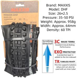 MAXXIS DHF 26×2.3/2.4/2.5 Mountain Bike Tire 3C MaxxTerra Compound EXO Sidewall Puncture Protection DHF Tread Pattern Multiple Casing Structures Excellent Grip Low Rolling