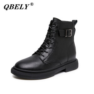 QBELY 2022 Fashion Women Boots Autumn Winter Shoes Soft Bottom Genuine Leather Flat Mid Calf Boots Women casual Martin Boot
