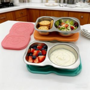 YERZ Stainless Steel Divided Dip Bowls Double Compartment Silicone Sauce Seasoning Containers Multi-functional with Lid Sauce Dish for Home