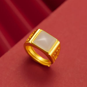 24K Gold Plated Vintage Inlaid Natural Jade Chalcedony Agate Adjustable Ring Wedding Engagement King Jewelry Non Fade