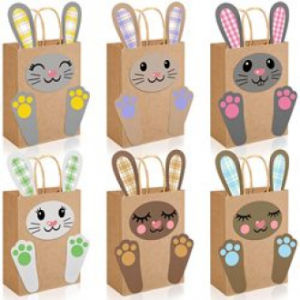 24Pcs Easter DIY Craft Bags for Kids Kraft DIY Bunny Paper Gift Bags with Handles Classroom Spring Holidays Party Decorations