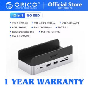 ORICO MiniDock 10 in 1 Storage Expansion for Mac Mini USB3.2 Gen2 Type C with RJ45 SD/TF Reader HDMI M.2 Slot Support Up to 4TB SSD PD100W (VS10)
