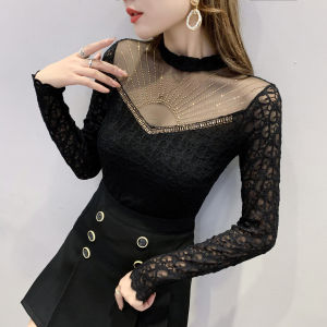 Yimei áo lót lưới kim cương nổi bật thời trang Áo thun nữ tay áo dài gợi cảm chạm khoét Mới Mùa Xuân 2023 Áo ren đẹp màu đen đa năng