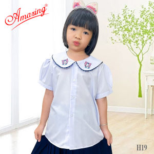 Áo sơ mi cổ sen thêu hình cho bé gái đi học đồng phục cấp 1 tay phồng vải kate silk mềm mát