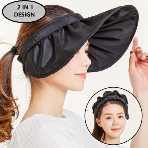 Ex-Stock Ladies Large Brim Foldable Outdoor Hats Anti UV Sun Protection Elegant hat 2 in 1 Sunhat and Hairband Fishing hats
