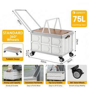 Foldable Storage Cart with Wheels & Pull Handle | Camping Storage Box | Stackable Organizer with Lid