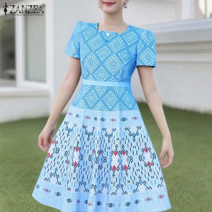 ZANZEA Korean Style Women Street Fashion Square Neck Dresses Short Puff  Sleeve Graphic Print Midi Dress #0728 | Lazada Singapore