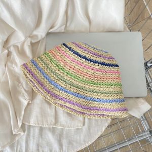 GENENIC Summer Beach Straw Cap Womens Handmade Bucket Hat Korean Wide Brimmed Rainbow Sun hat Outdoor