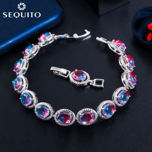 SEQUITO Mystical Tennis Bangles Bracelets Pave Oval Cut Rainbow CZ Stones Women Jewelry Birthday Gift  B088