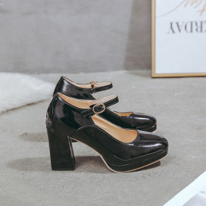 4 inches High Glossy Block Heels Korean Shallow Mouth Mary Jane Shoes For Women-Add One Size