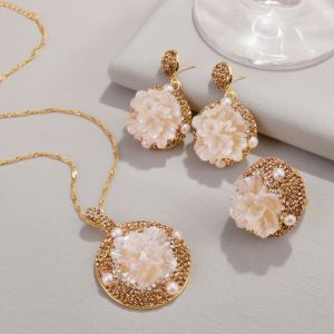 Handmade Shell Powder Flower Jewelry Set With Round Pearl Rhinestone Turkish Women Quartz Jewelry Mothers Day Gift H260610