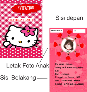 PAKET 50pcs Undangan Ulang Tahun Hello Kitty Cetak 2 Sisi 9x14 cm Free Plastik