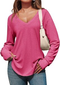 Tankaneo Womens Deep V Collared Waist-Tie Top Long Sleeve Oversized Casual Loose Curved Hem T Shirt