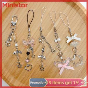 Ministar 1PC Cute Butterfly Bead Handmade Sweet Girl Keychain For IP 11 Camera Kawaii Y2K Love Five Pointed Star Phone Charms Pendant