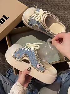 [Free Shipping] Denim-Style Thick-Soled Eva Clogs For Women Height-Increasing Suitable For Home And Outdoor Wear Beach Anti-Slip And Odor-Resistant Hole Shoes